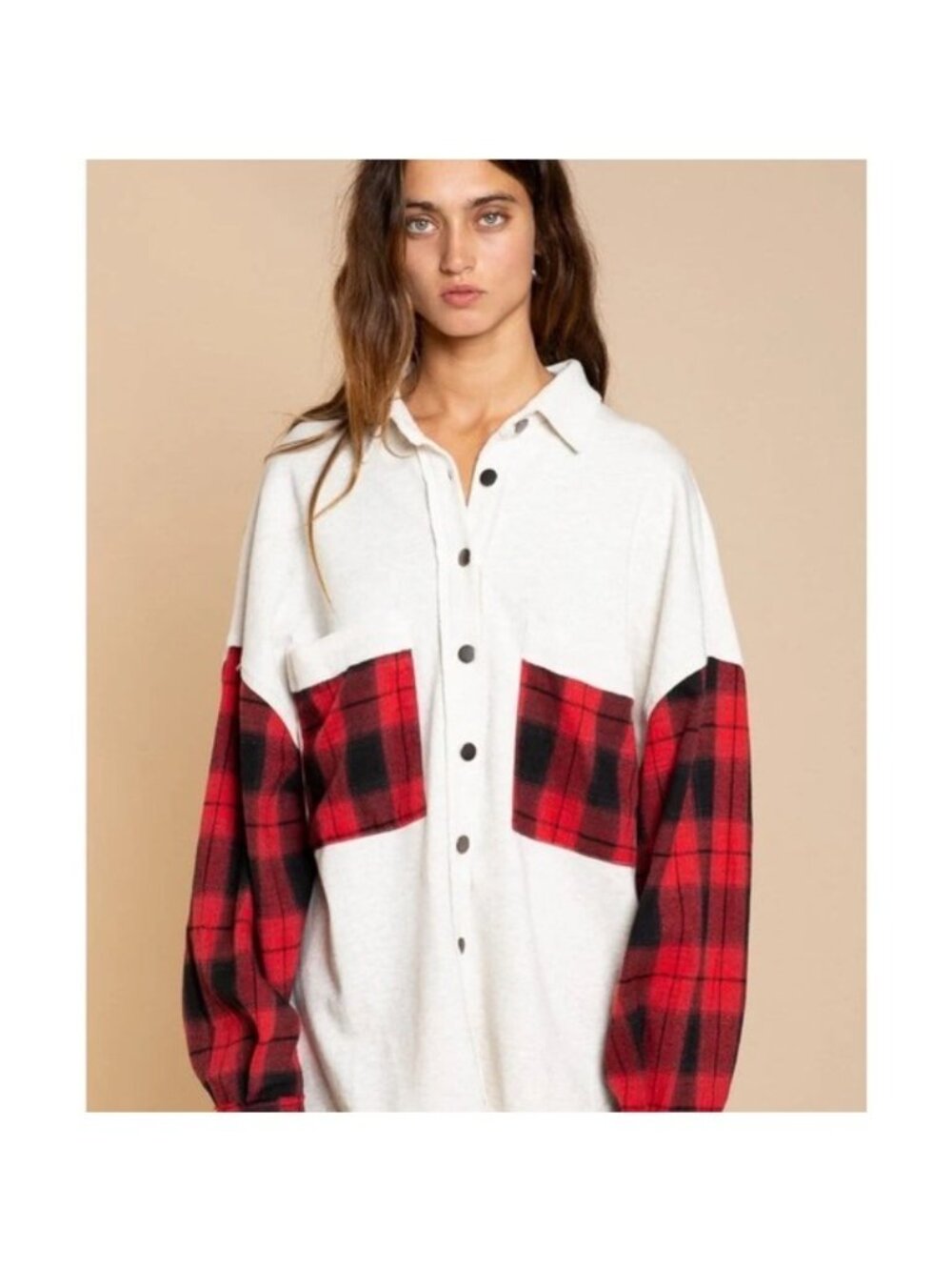 POL Color block Button-Up Flannel Shirt With Red Plaid Sleeves & Pockets Small